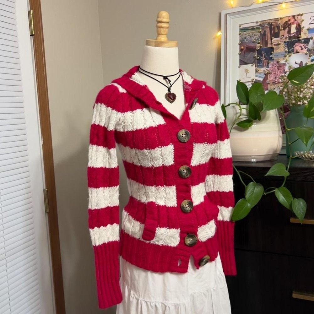Vintage Y2K Aeropostale Pink & White Striped Cardigan Sweater w/ Hood